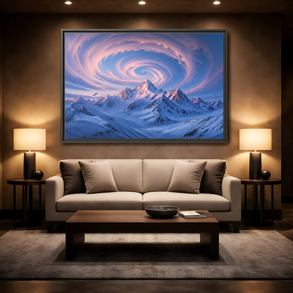 Mockup 2. Nature Snowy Mountains Pink And Blue Mountain shown as stretched canvas wall art