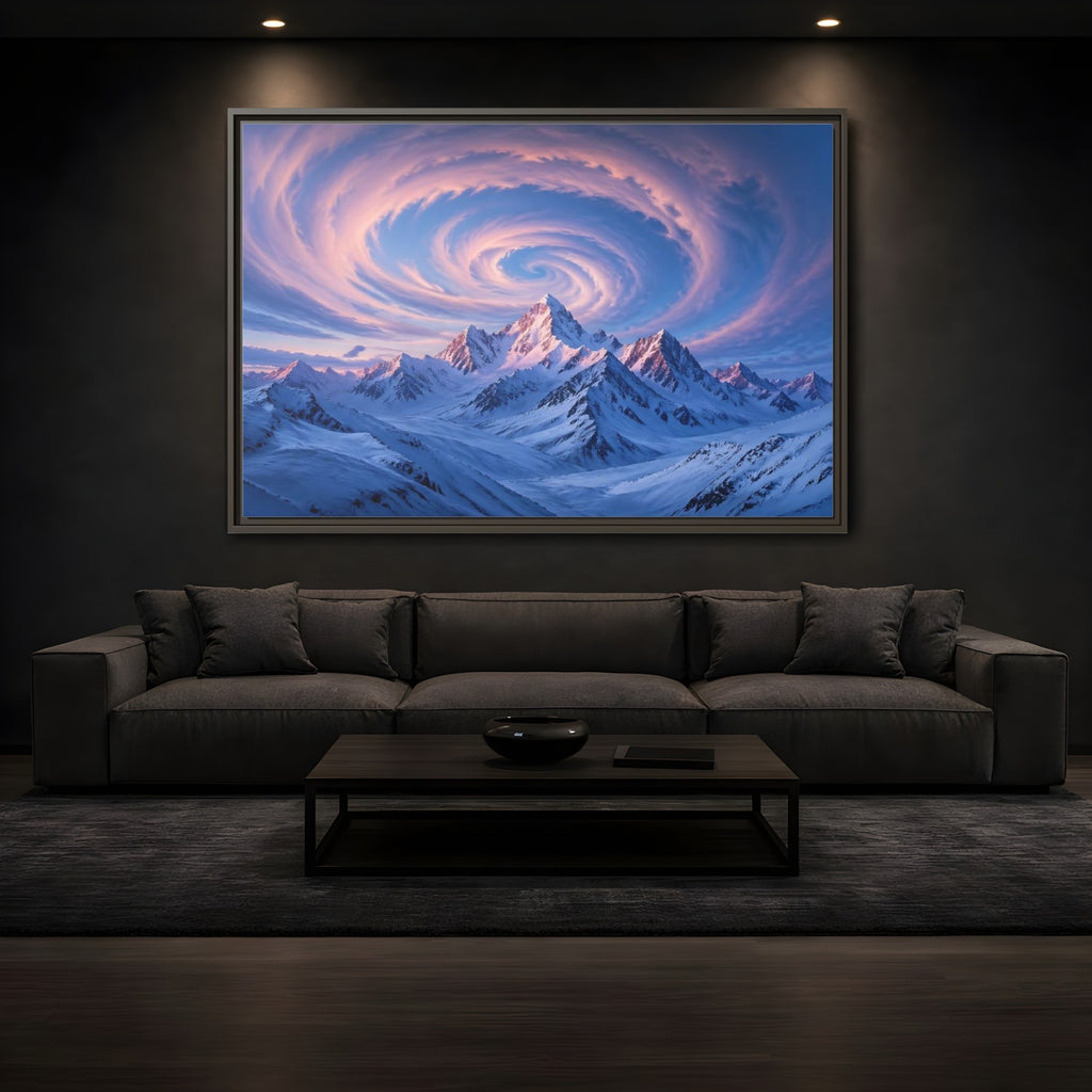Mockup 3. Nature Snowy Mountains Pink And Blue Mountain shown as stretched canvas wall art