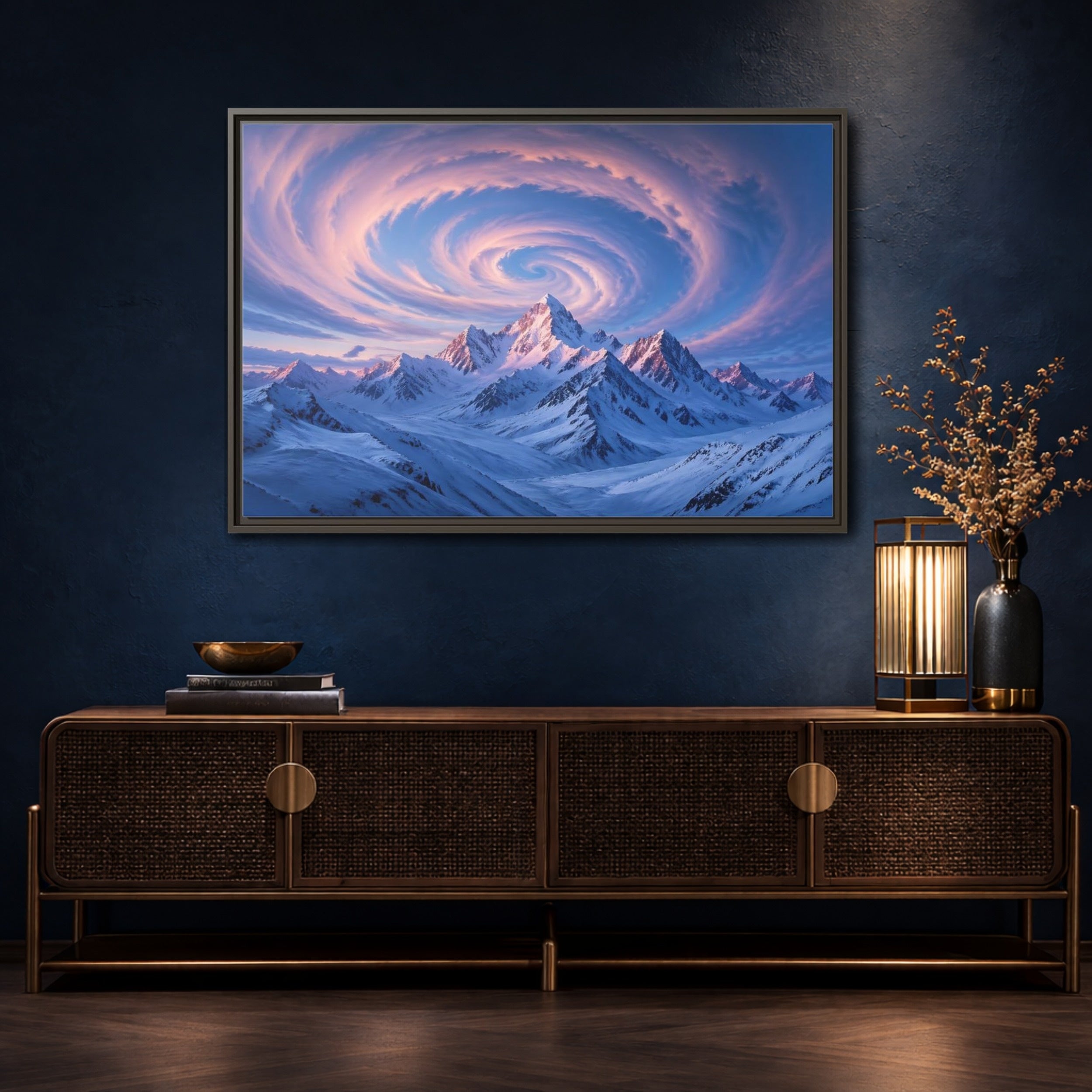 Mockup 4. Nature Snowy Mountains Pink And Blue Mountain shown as stretched canvas wall art