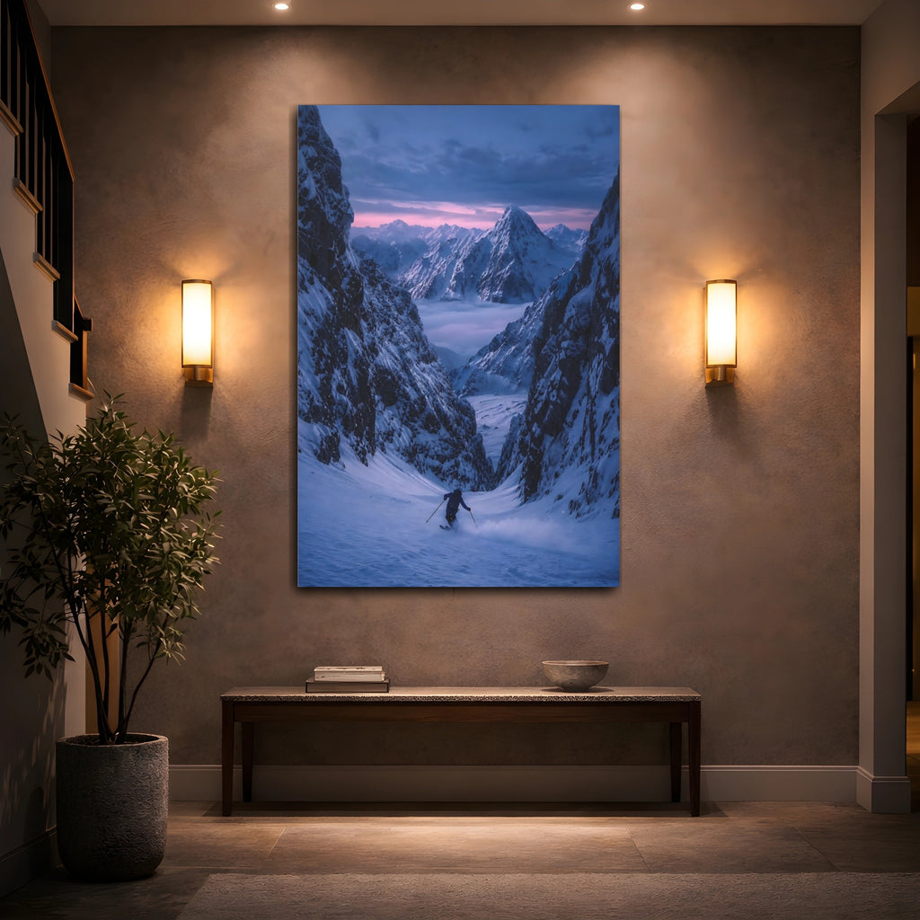 Mockup 2. Nature Snowy Mountains Pink And Blue Mountains shown as stretched canvas wall art