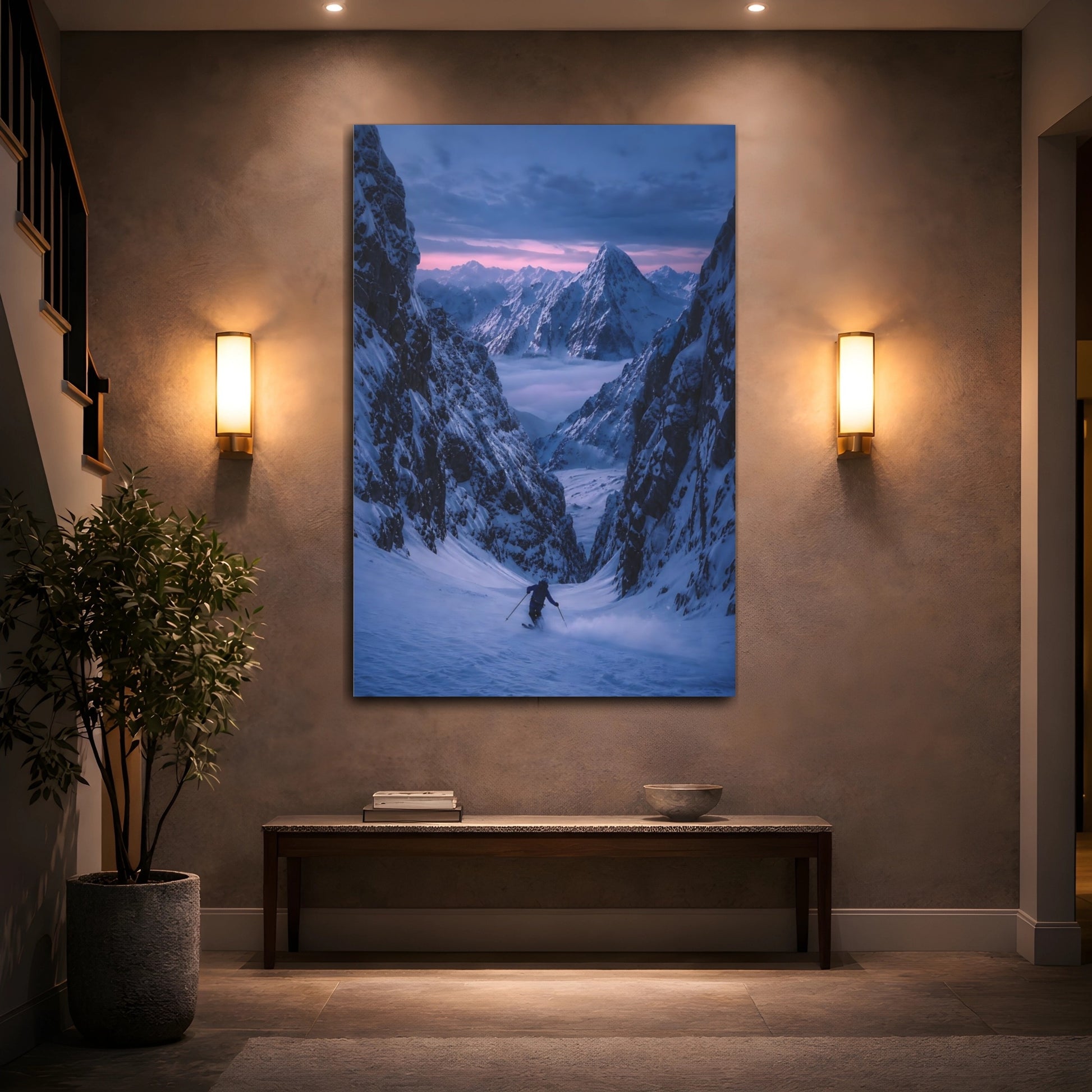 Mockup 2. Nature Snowy Mountains Pink And Blue Mountains shown as stretched canvas wall art
