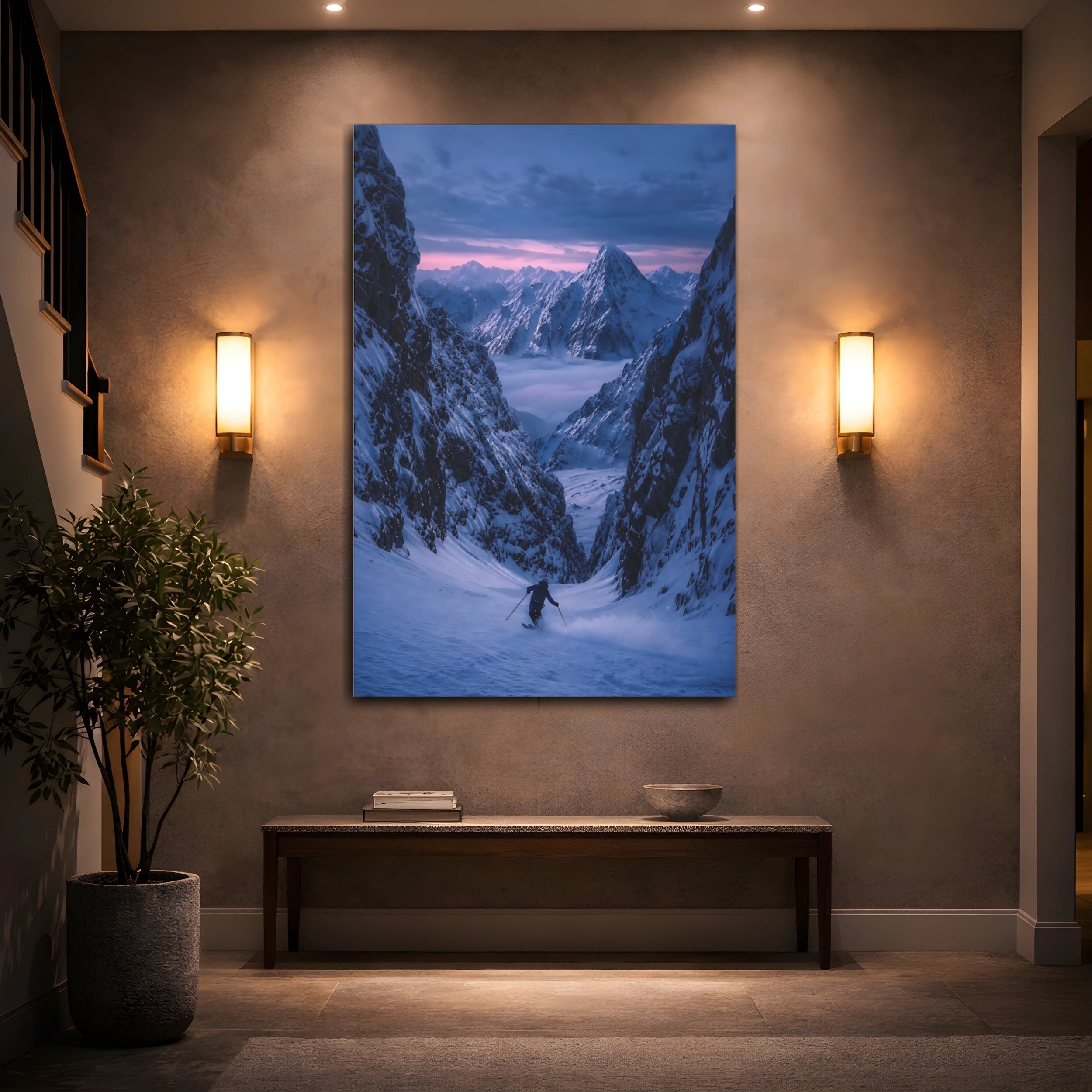 Mockup 2. Nature Snowy Mountains Pink And Blue Mountains shown as stretched canvas wall art