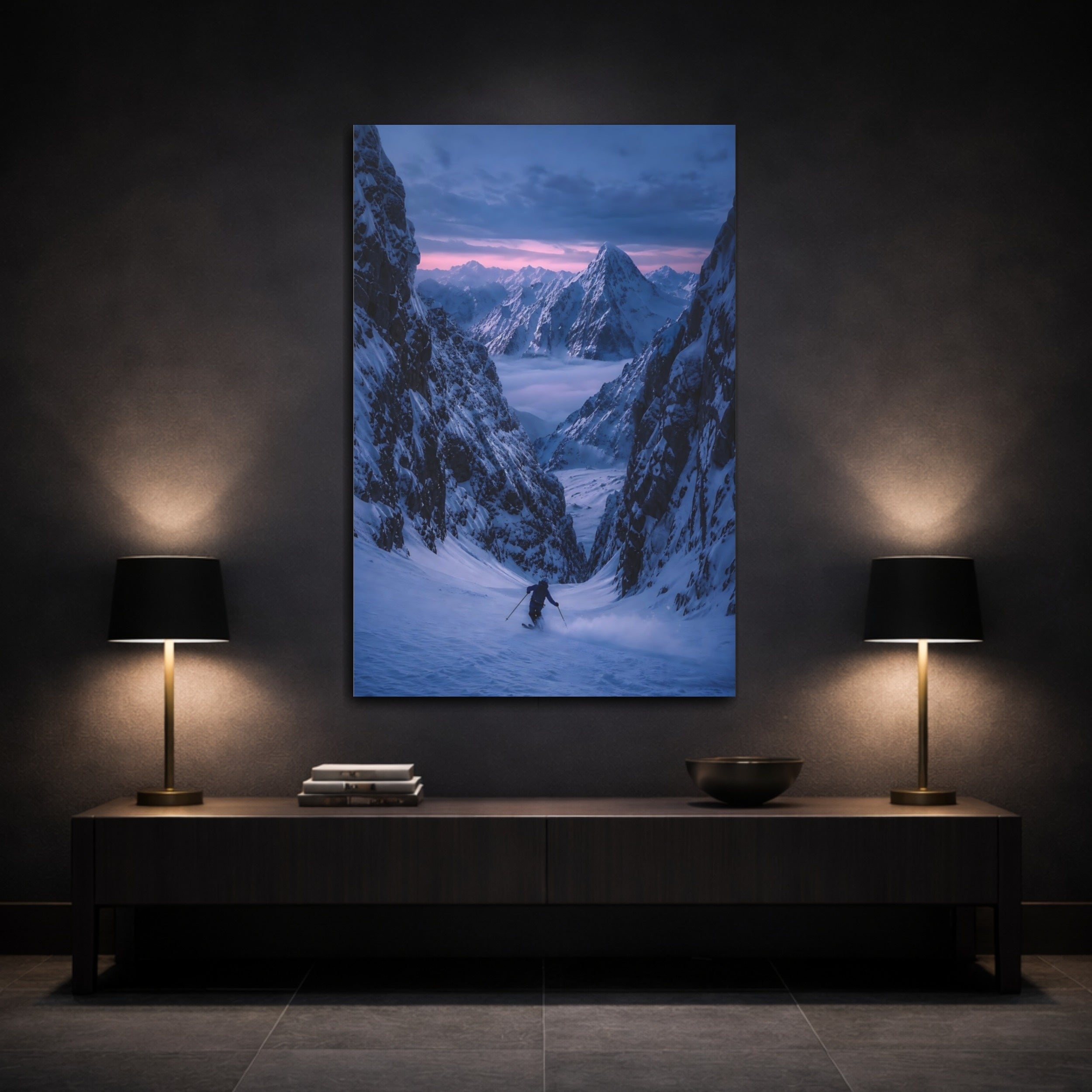Mockup 3. Nature Snowy Mountains Pink And Blue Mountains shown as stretched canvas wall art