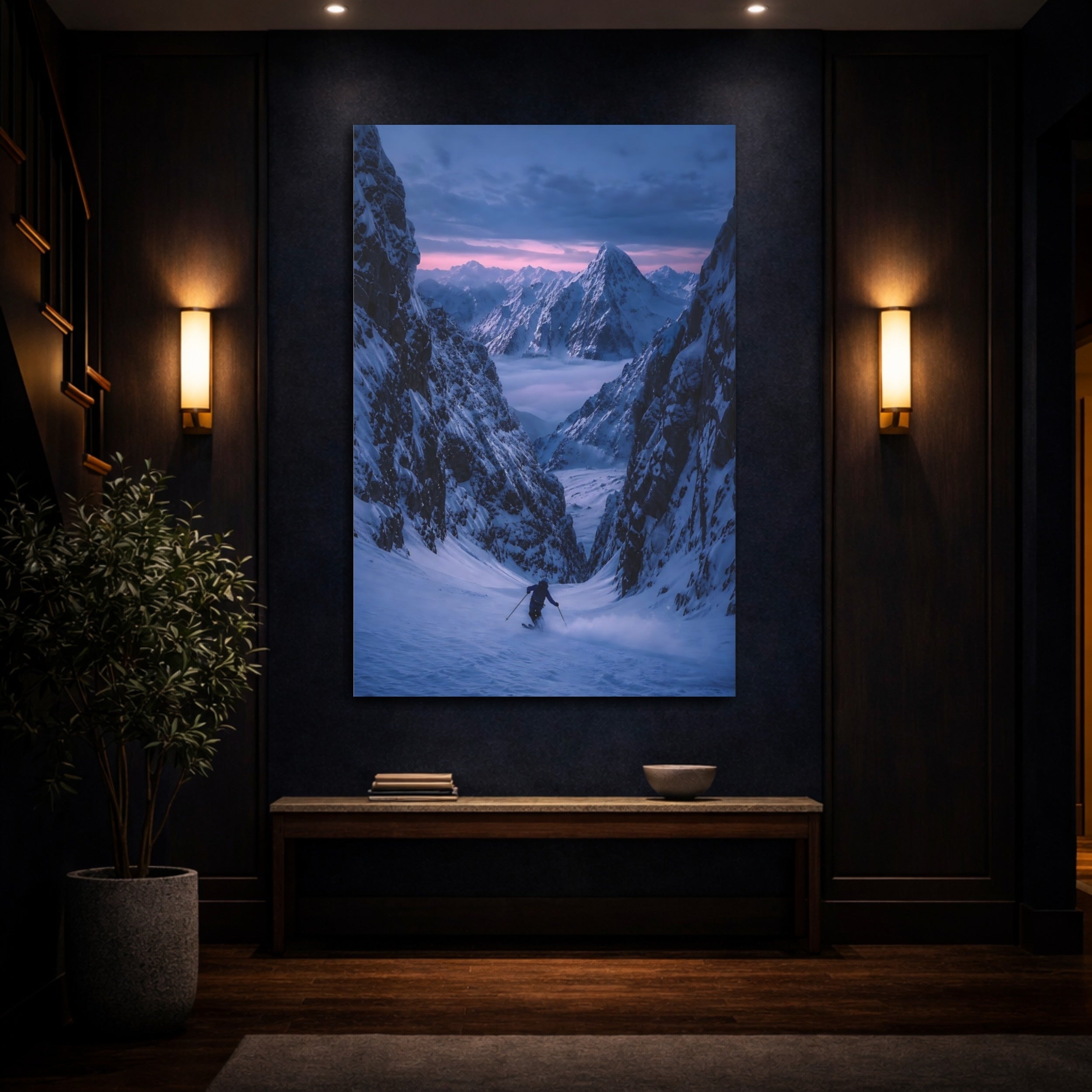 Mockup 4. Nature Snowy Mountains Pink And Blue Mountains shown as stretched canvas wall art