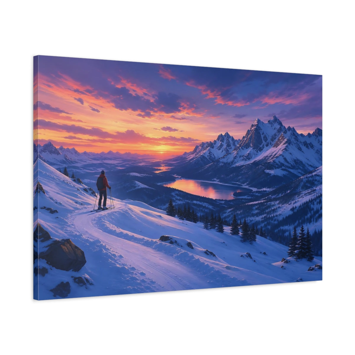 Main Mockup. Nature Snowy Mountains Purple Orange Sunset shown as stretched canvas wall art