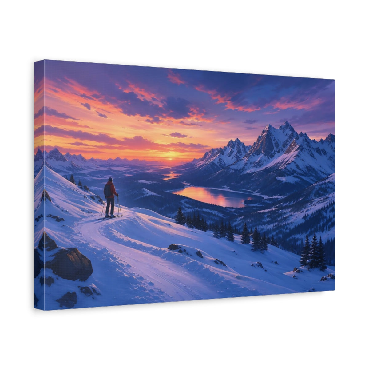 Side Mockup 4. Nature Snowy Mountains Purple Orange Sunset shown as stretched canvas wall art