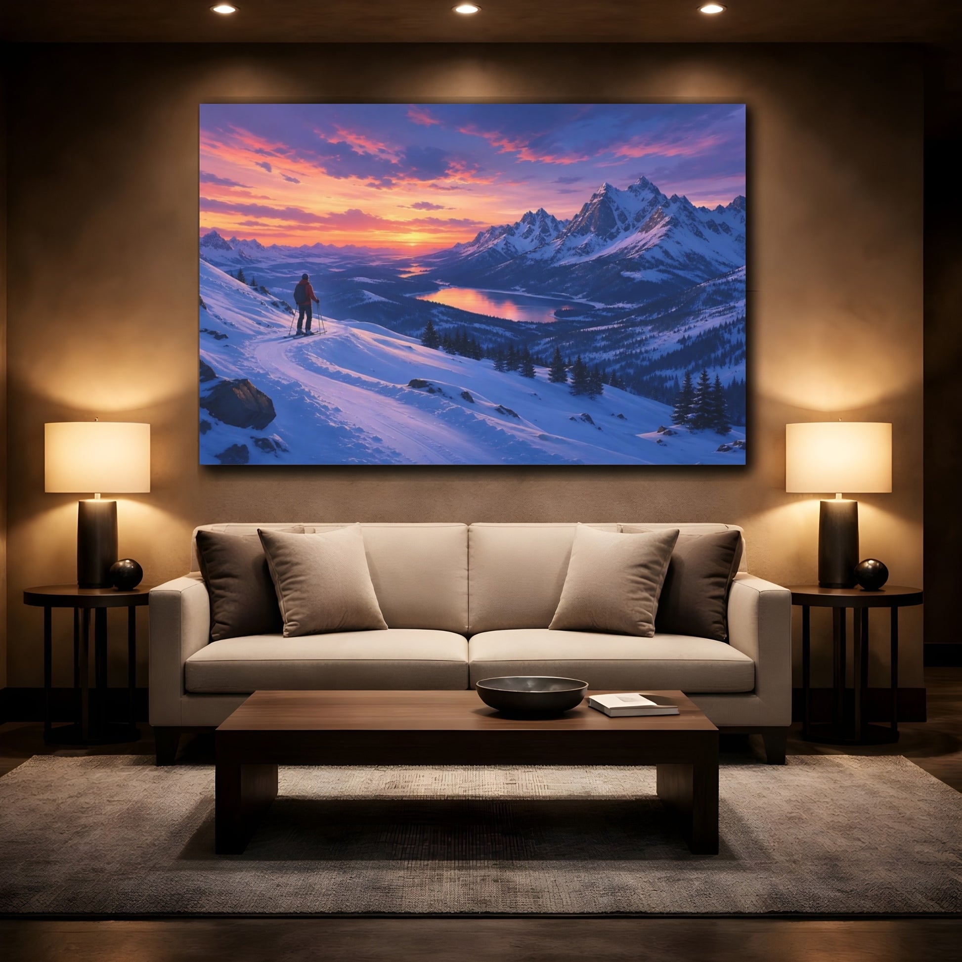 Mockup 2. Nature Snowy Mountains Purple Orange Sunset shown as stretched canvas wall art