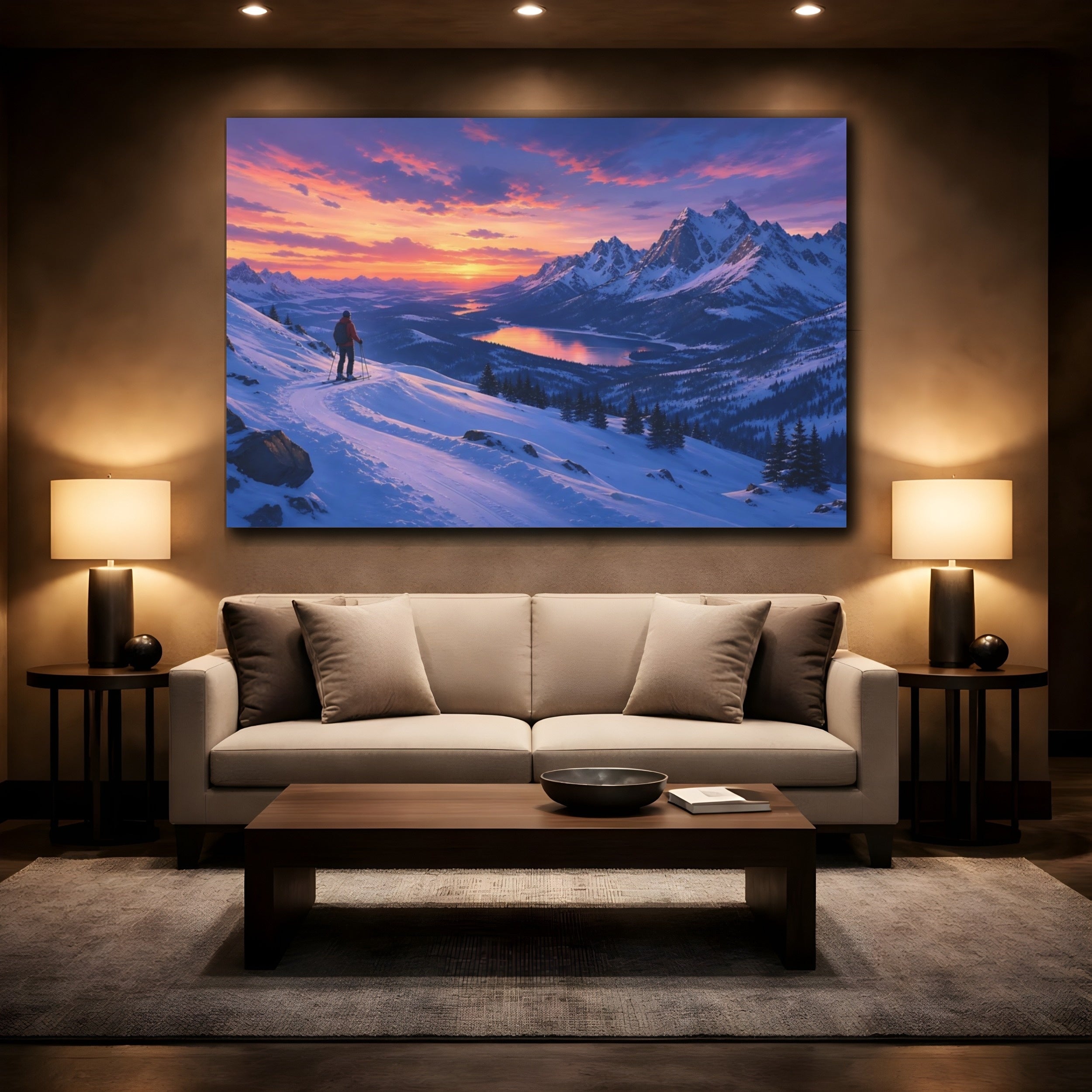 Mockup 2. Nature Snowy Mountains Purple Orange Sunset shown as stretched canvas wall art