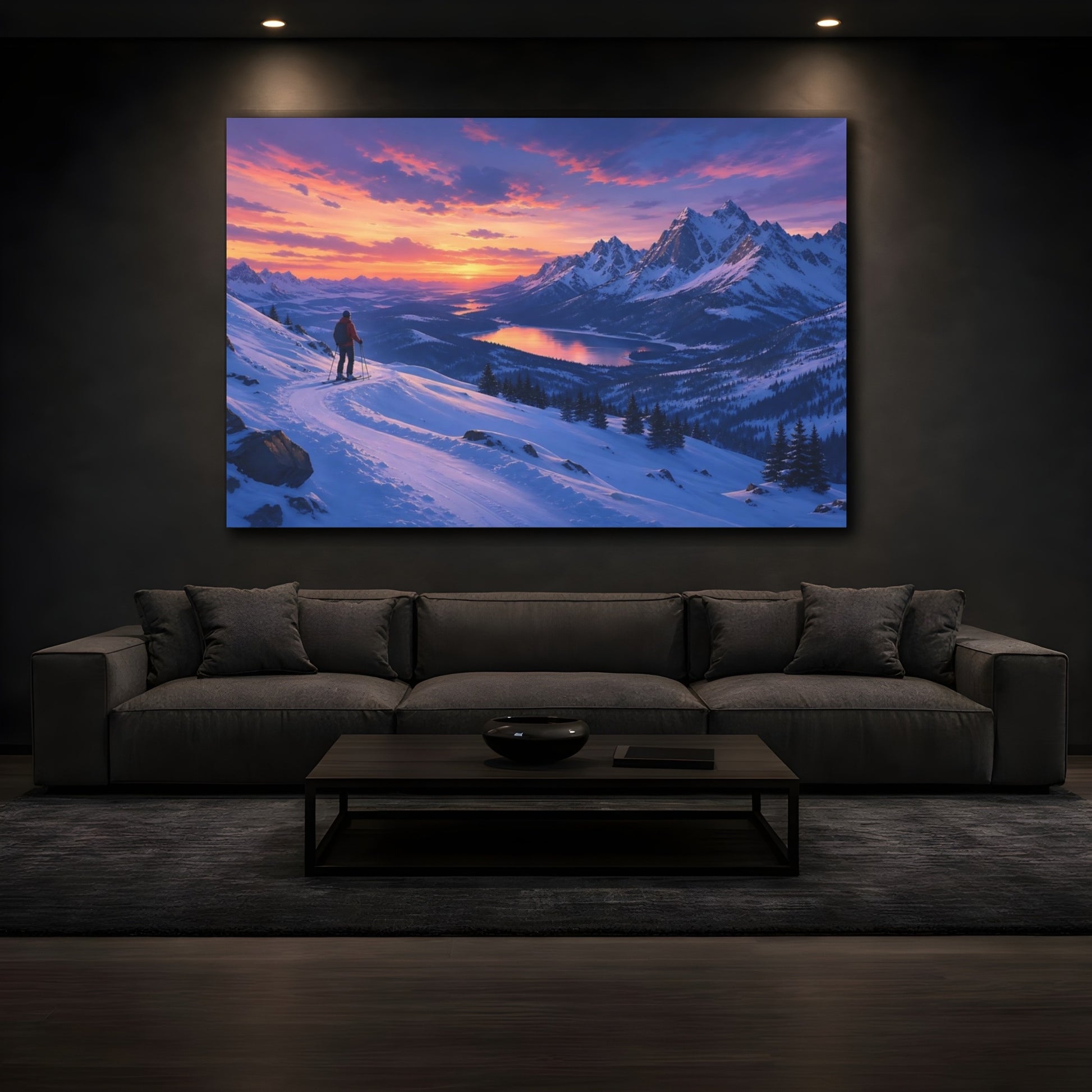Mockup 3. Nature Snowy Mountains Purple Orange Sunset shown as stretched canvas wall art