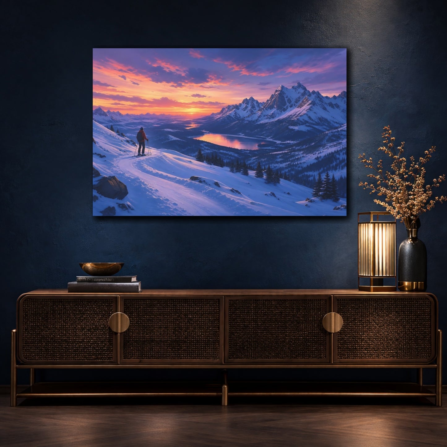 Mockup 4. Nature Snowy Mountains Purple Orange Sunset shown as stretched canvas wall art