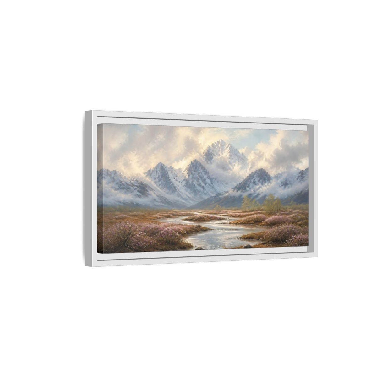 Side Mockup 6. Nature Snowy Mountains Mountain River Flowers shown as stretched canvas wall art