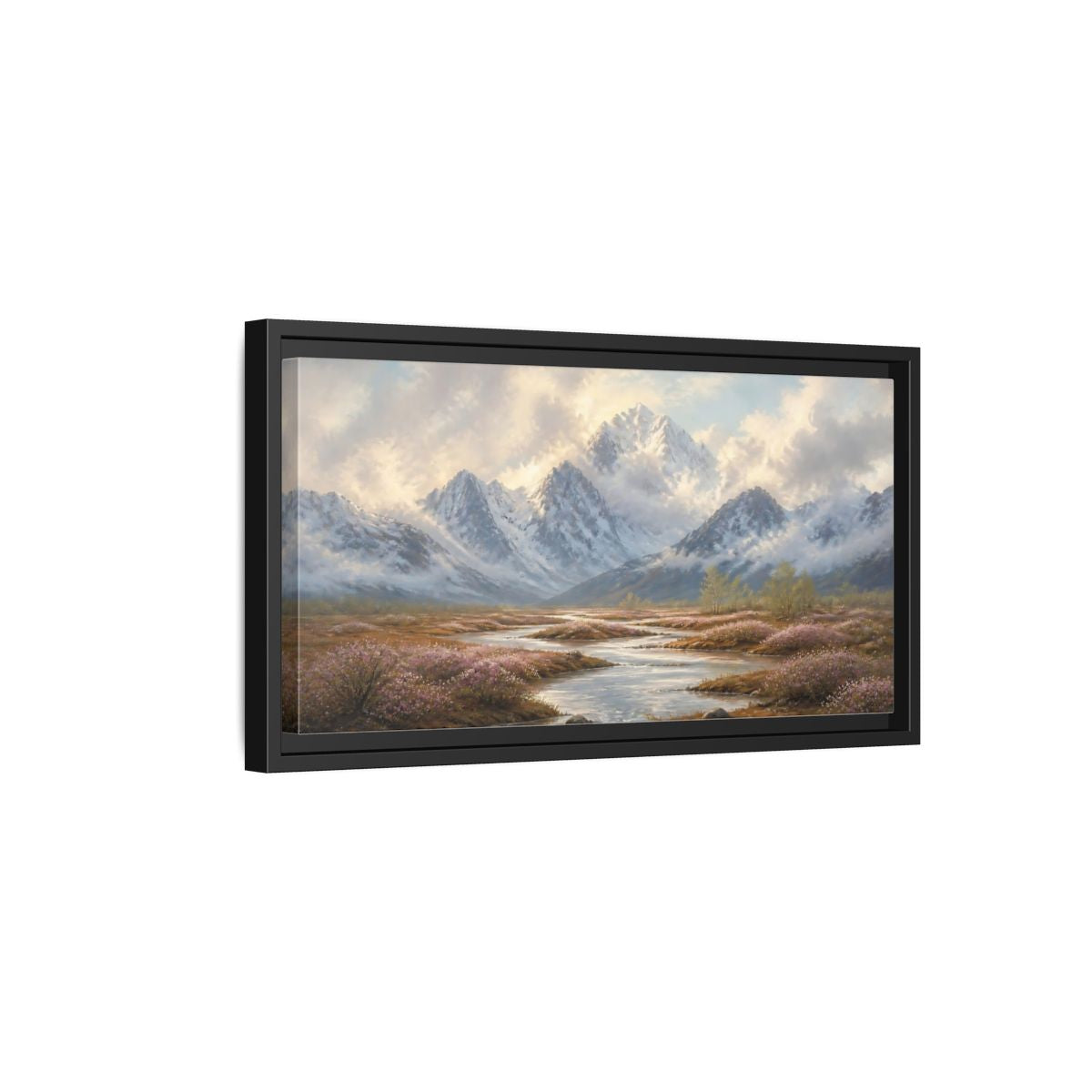 Side Mockup 8. Nature Snowy Mountains Mountain River Flowers shown as stretched canvas wall art