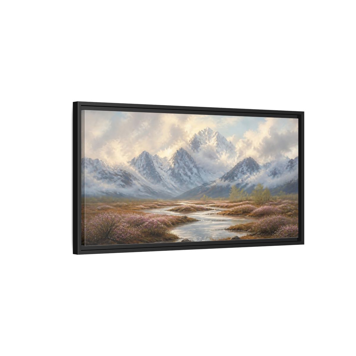 Side Mockup 2. Nature Snowy Mountains Mountain River Flowers shown as stretched canvas wall art
