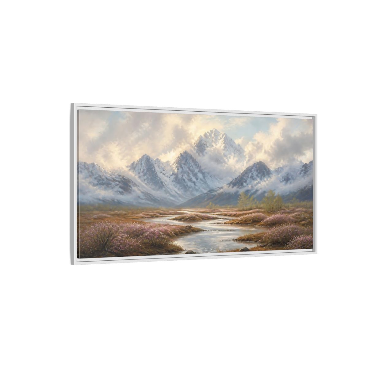 Side Mockup 3. Nature Snowy Mountains Mountain River Flowers shown as stretched canvas wall art