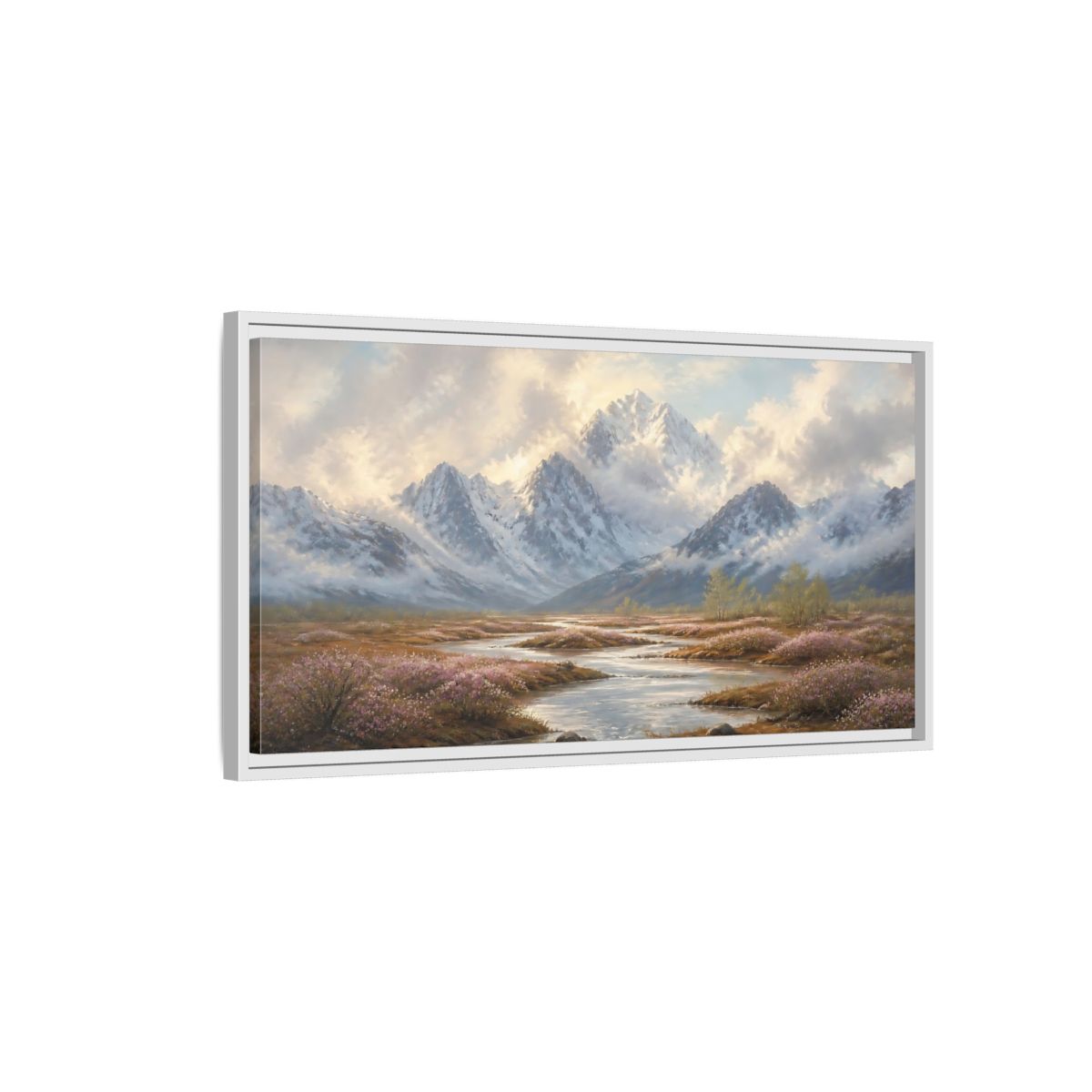 Side Mockup 1. Nature Snowy Mountains Mountain River Flowers shown as stretched canvas wall art