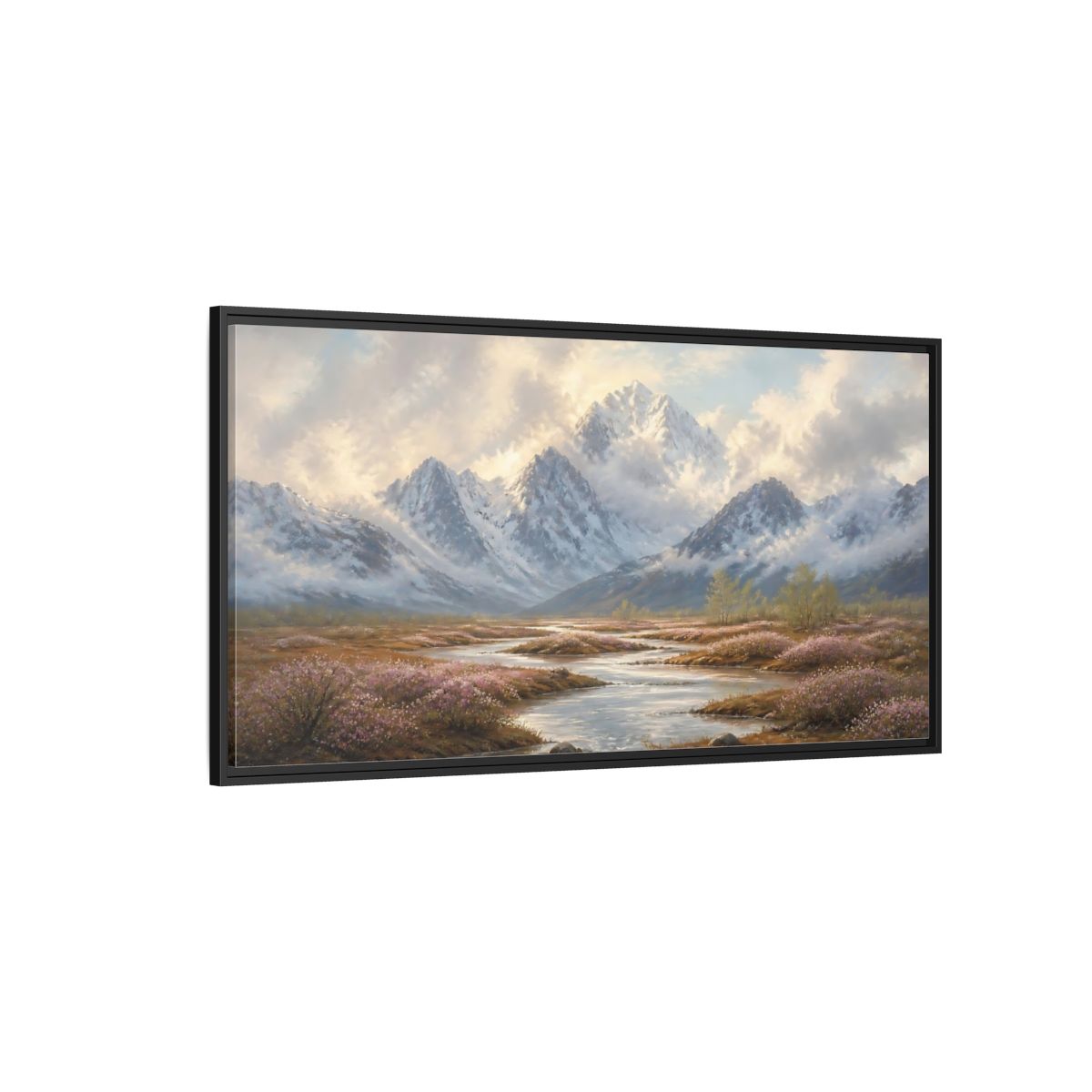 Side Mockup 5. Nature Snowy Mountains Mountain River Flowers shown as stretched canvas wall art