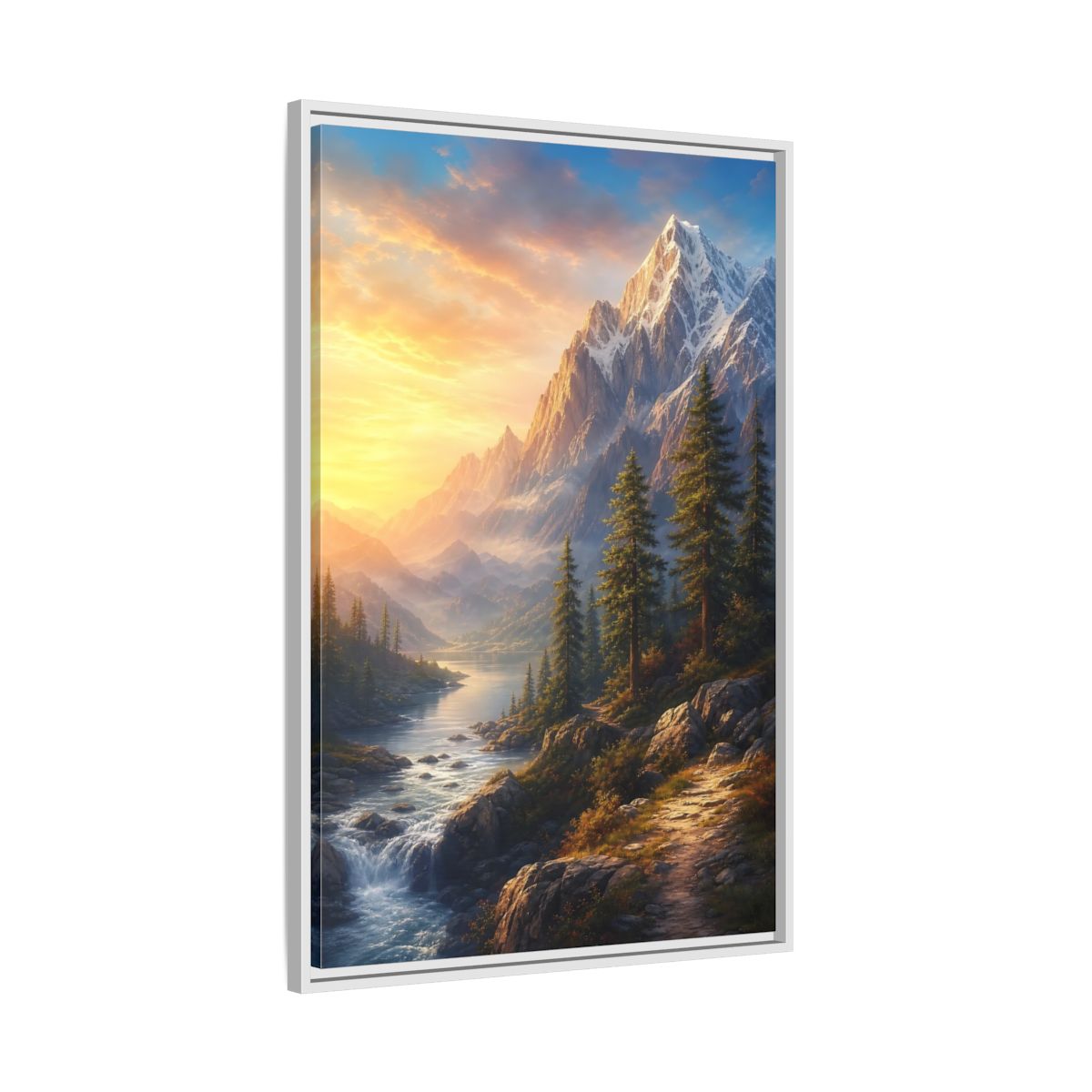 Side Mockup 9. Nature Snowy Mountains Mountain River Sunset shown as stretched canvas wall art