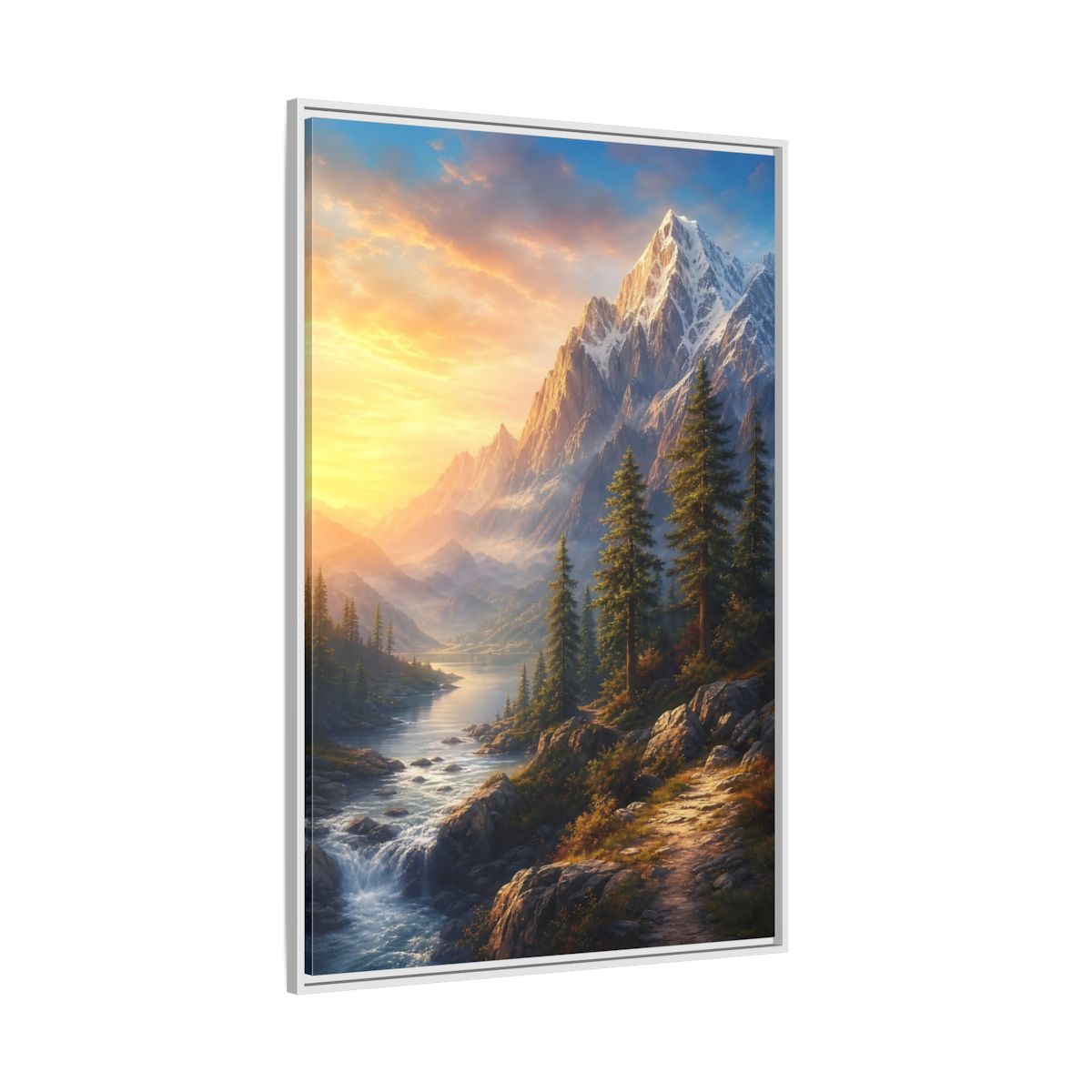 Side Mockup 7. Nature Snowy Mountains Mountain River Sunset shown as stretched canvas wall art