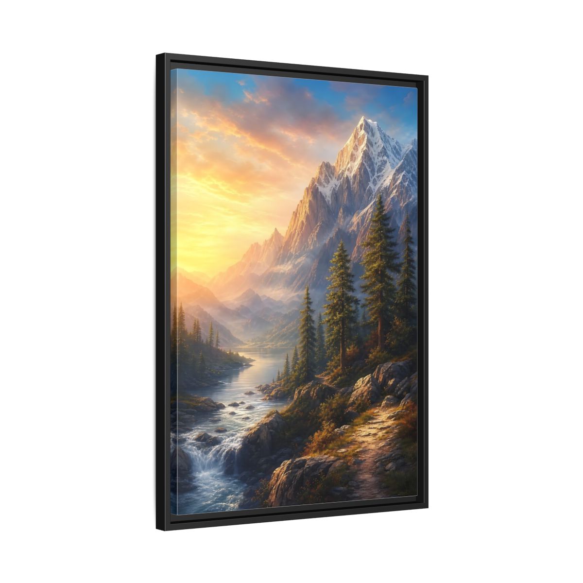 Side Mockup 14. Nature Snowy Mountains Mountain River Sunset shown as stretched canvas wall art
