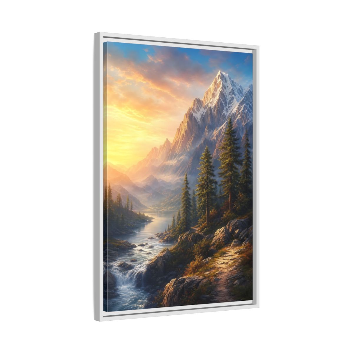 Side Mockup 10. Nature Snowy Mountains Mountain River Sunset shown as stretched canvas wall art