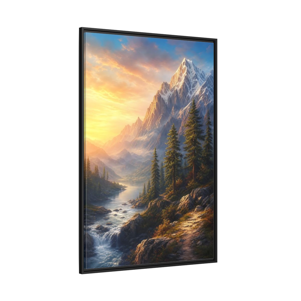 Side Mockup 12. Nature Snowy Mountains Mountain River Sunset shown as stretched canvas wall art