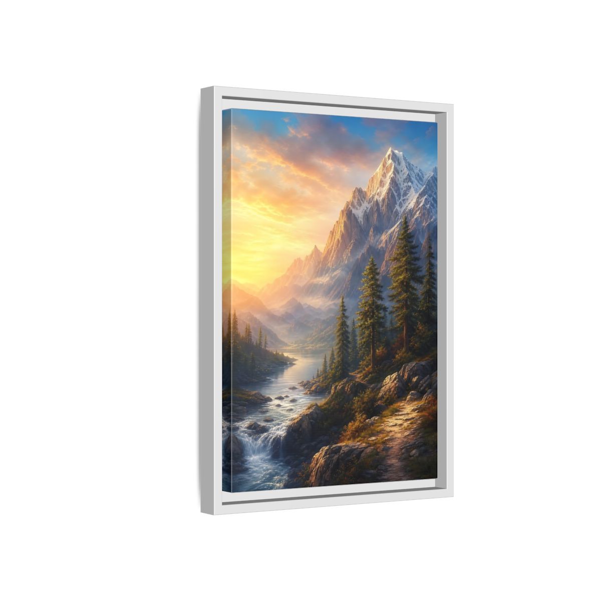 Side Mockup 4. Nature Snowy Mountains Mountain River Sunset shown as stretched canvas wall art