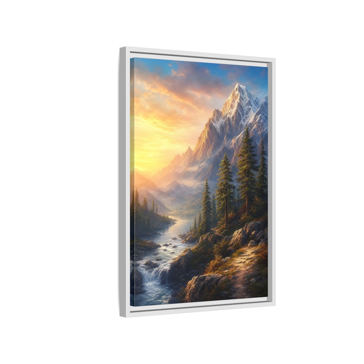 Side Mockup 1. Nature Snowy Mountains Mountain River Sunset shown as stretched canvas wall art