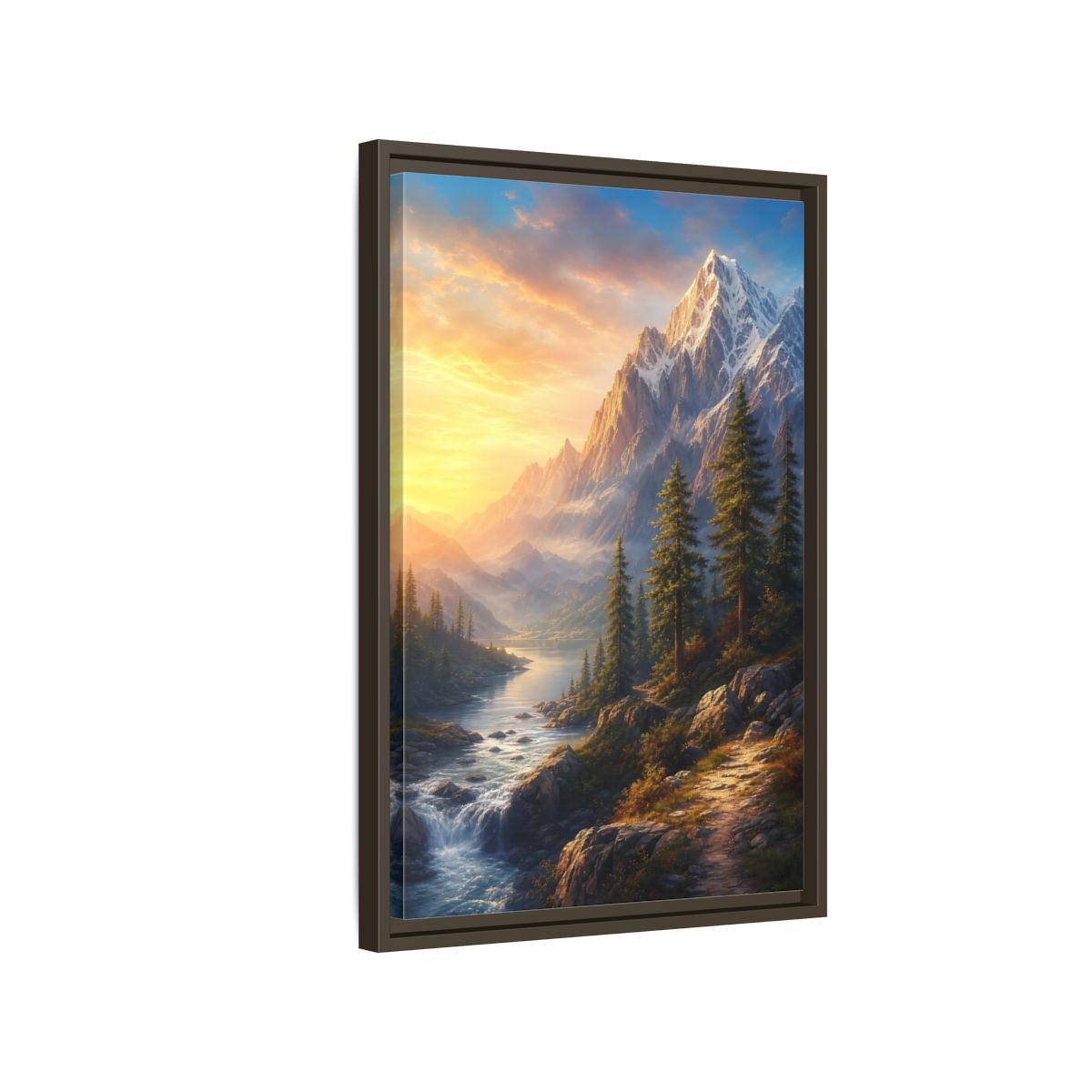 Side Mockup 2. Nature Snowy Mountains Mountain River Sunset shown as stretched canvas wall art
