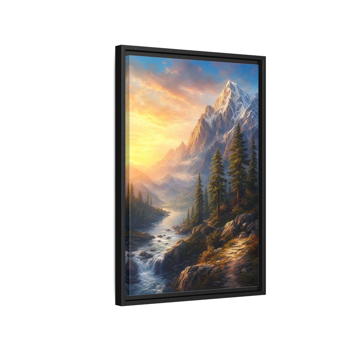 Side Mockup 3. Nature Snowy Mountains Mountain River Sunset shown as stretched canvas wall art