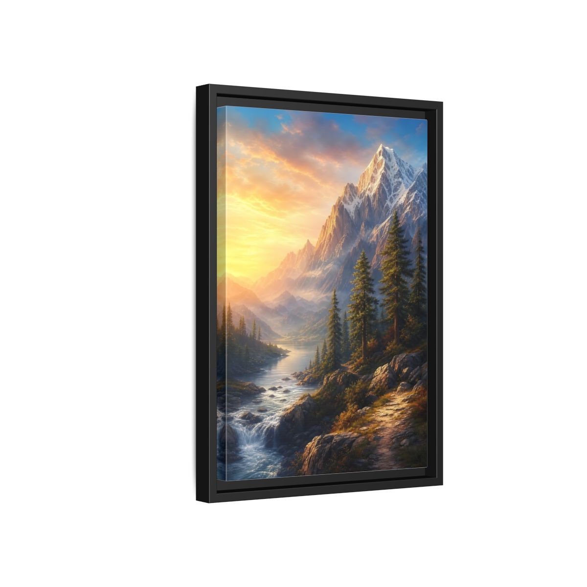 Side Mockup 6. Nature Snowy Mountains Mountain River Sunset shown as stretched canvas wall art