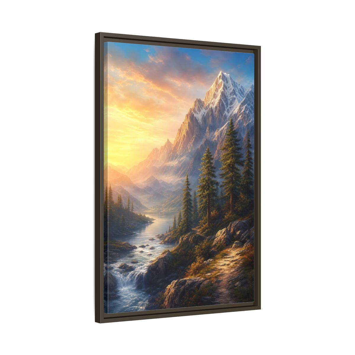 Side Mockup 11. Nature Snowy Mountains Mountain River Sunset shown as stretched canvas wall art