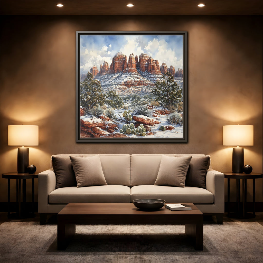 Mockup 2. Nature Snowy Mountains Snowy Mountain Desert shown as stretched canvas wall art
