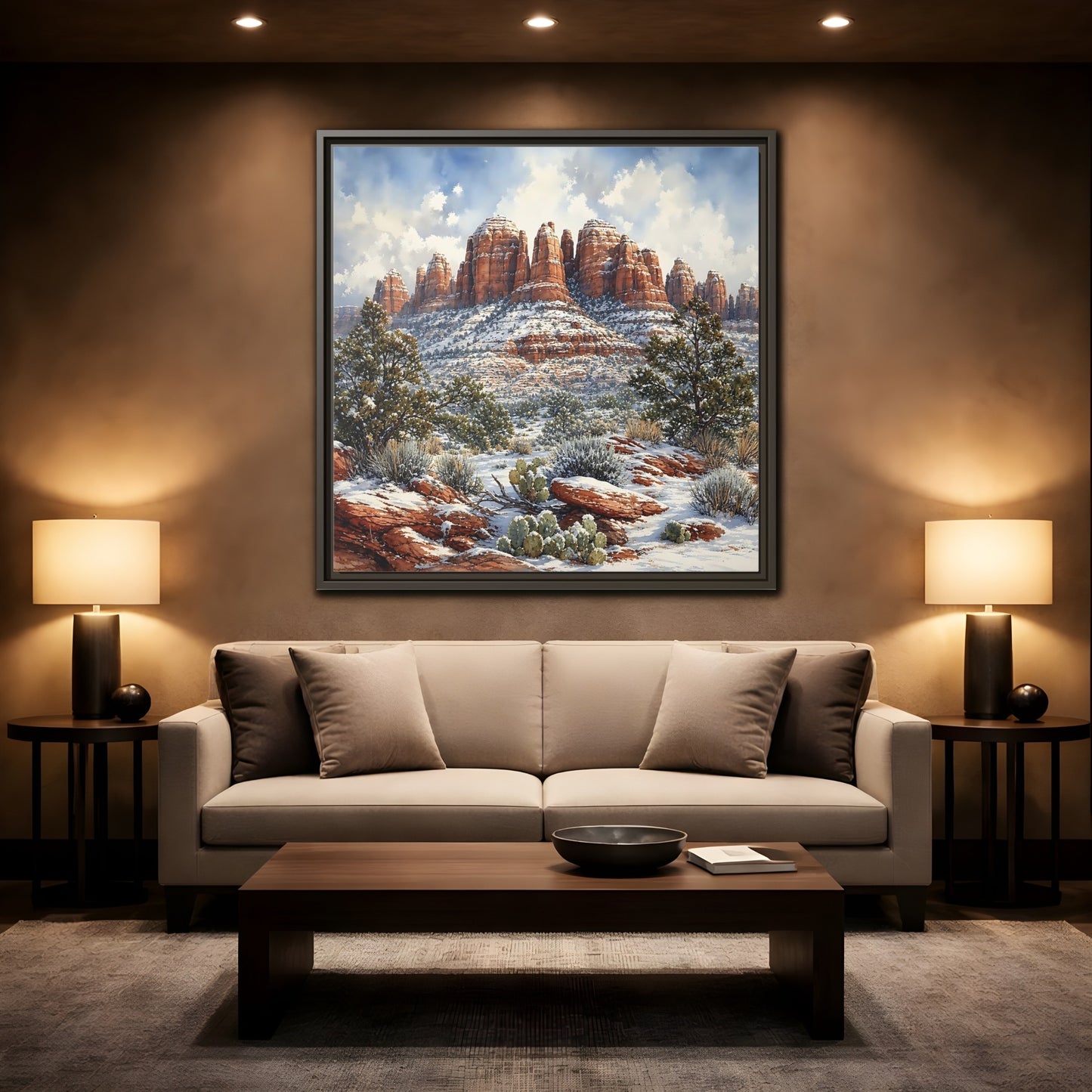 Mockup 2. Nature Snowy Mountains Snowy Mountain Desert shown as stretched canvas wall art