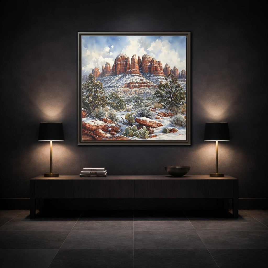 Mockup 3. Nature Snowy Mountains Snowy Mountain Desert shown as stretched canvas wall art