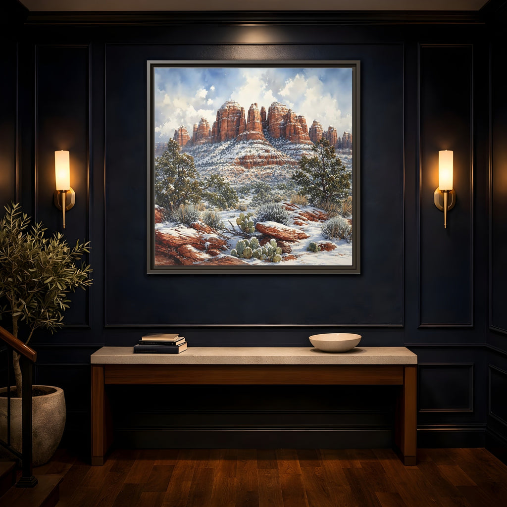 Mockup 4. Nature Snowy Mountains Snowy Mountain Desert shown as stretched canvas wall art