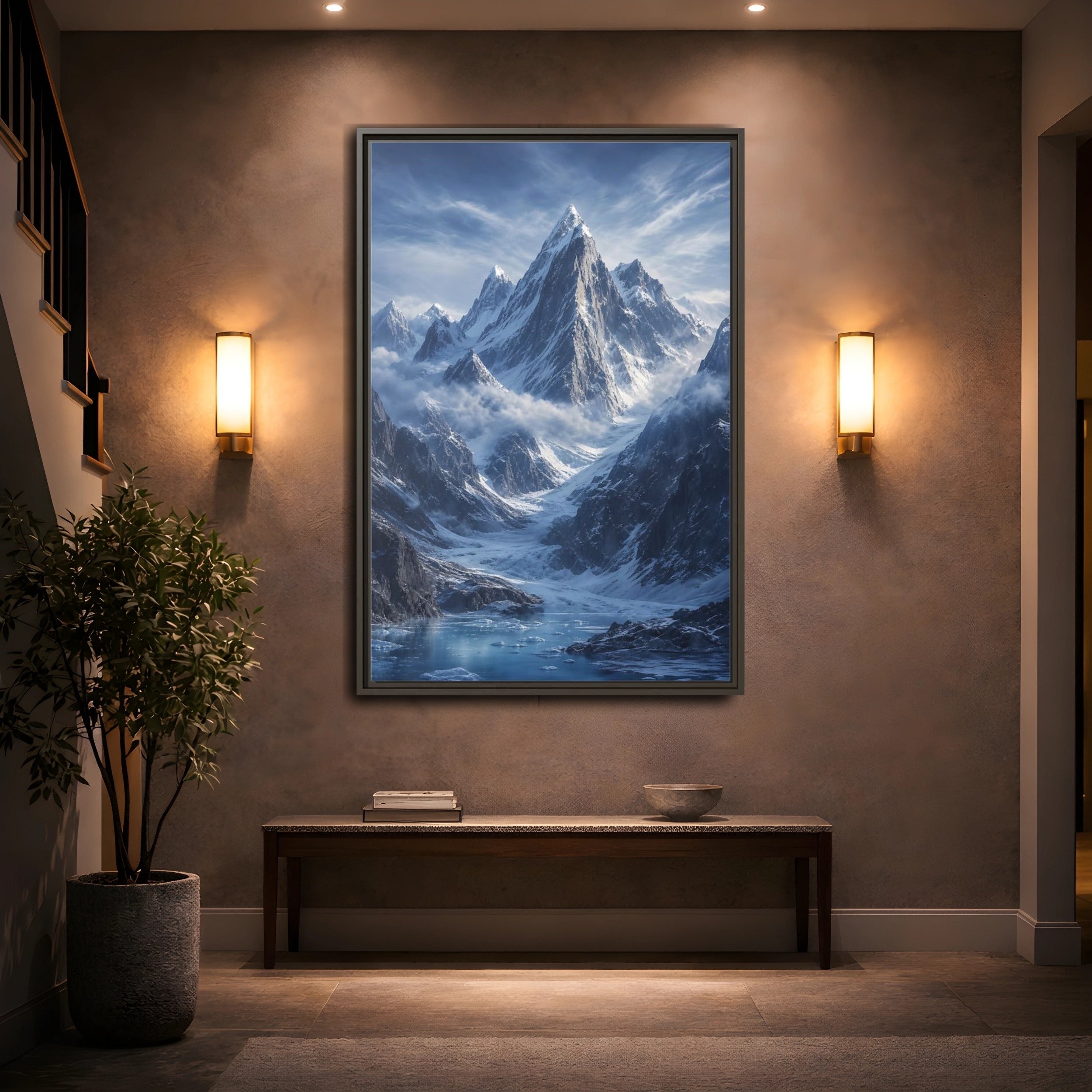Mockup 2. Nature Snowy Mountains Snowy Mountain Lake shown as stretched canvas wall art