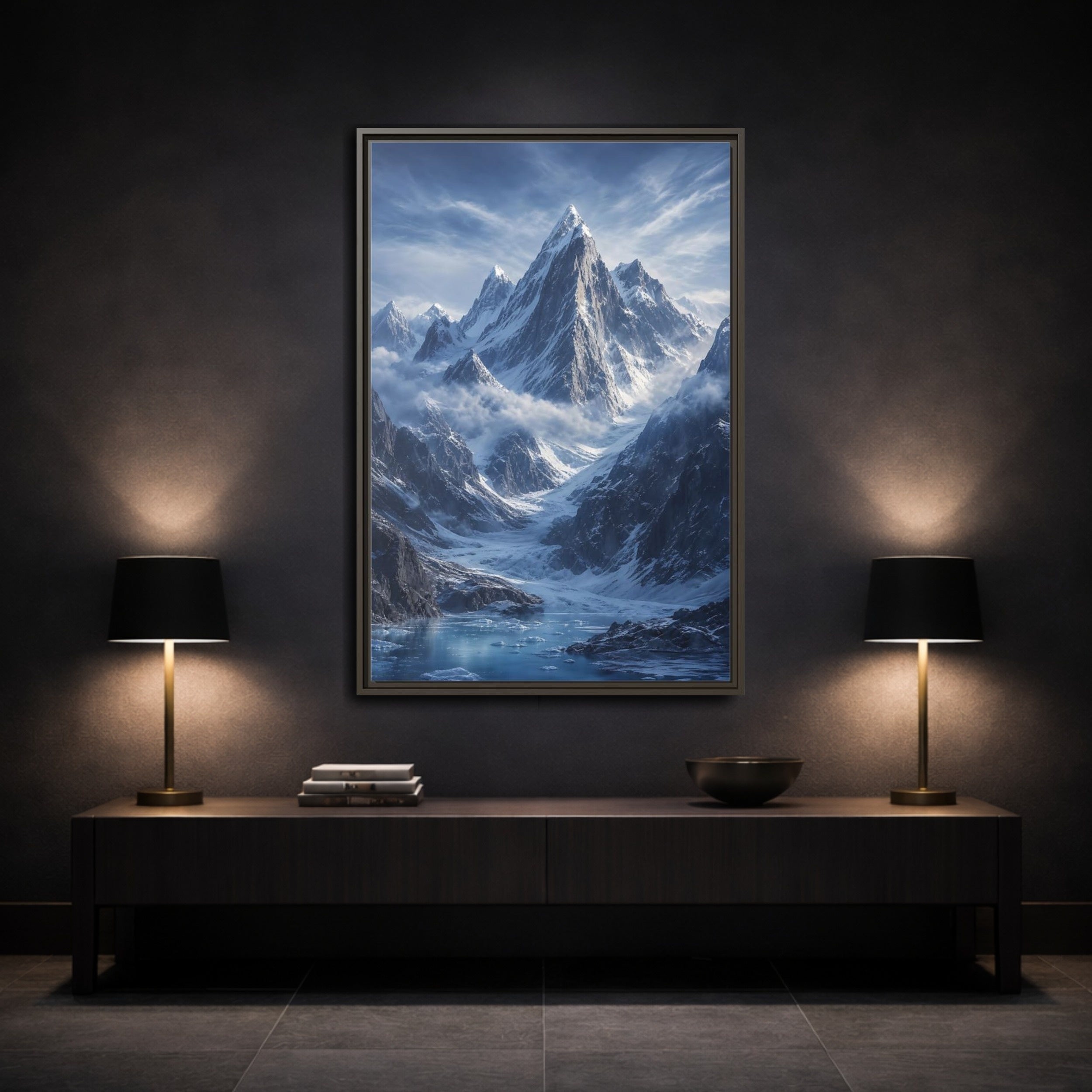 Mockup 3. Nature Snowy Mountains Snowy Mountain Lake shown as stretched canvas wall art