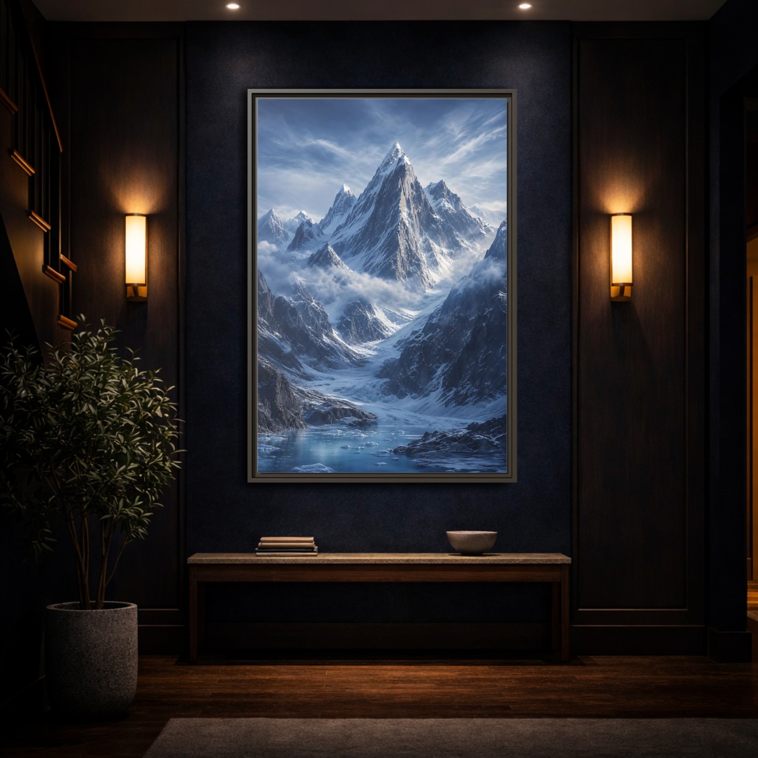 Mockup 4. Nature Snowy Mountains Snowy Mountain Lake shown as stretched canvas wall art