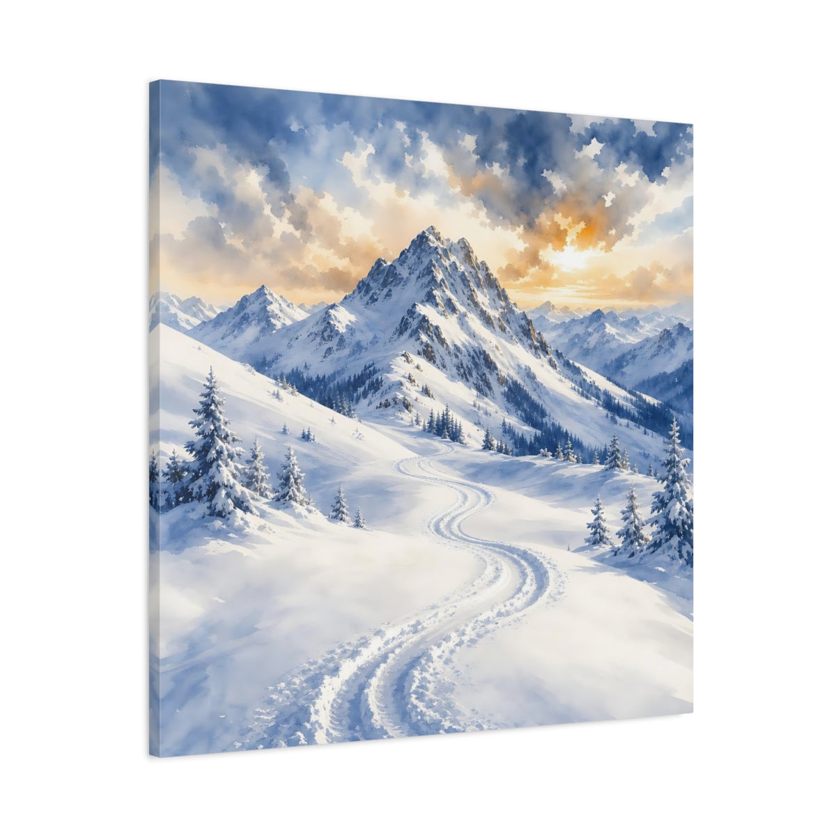 Main Mockup. Nature Snowy Mountains Snowy Mountain Landscape shown as stretched canvas wall art