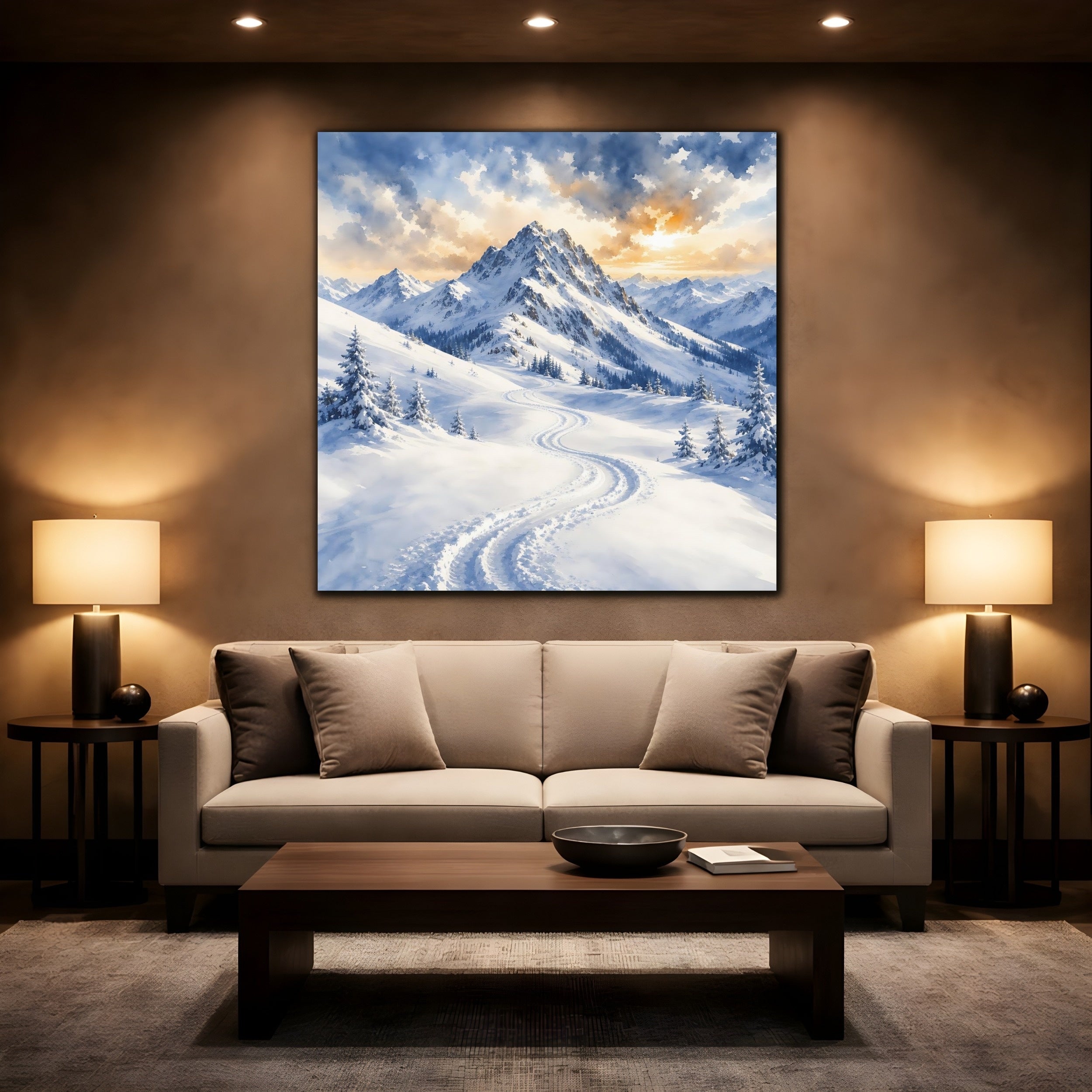 Mockup 2. Nature Snowy Mountains Snowy Mountain Landscape shown as stretched canvas wall art