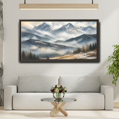 Mockup 2. Nature Snowy Mountains Snowy Mountain Landscape shown as stretched canvas wall art
