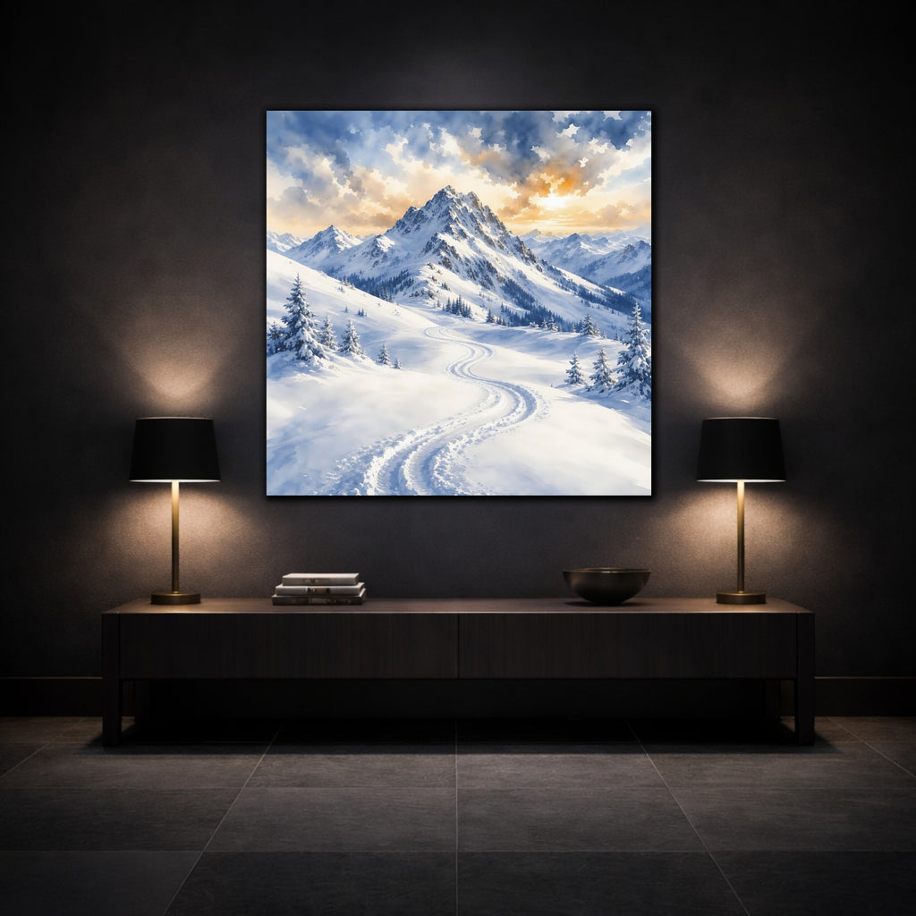 Mockup 3. Nature Snowy Mountains Snowy Mountain Landscape shown as stretched canvas wall art