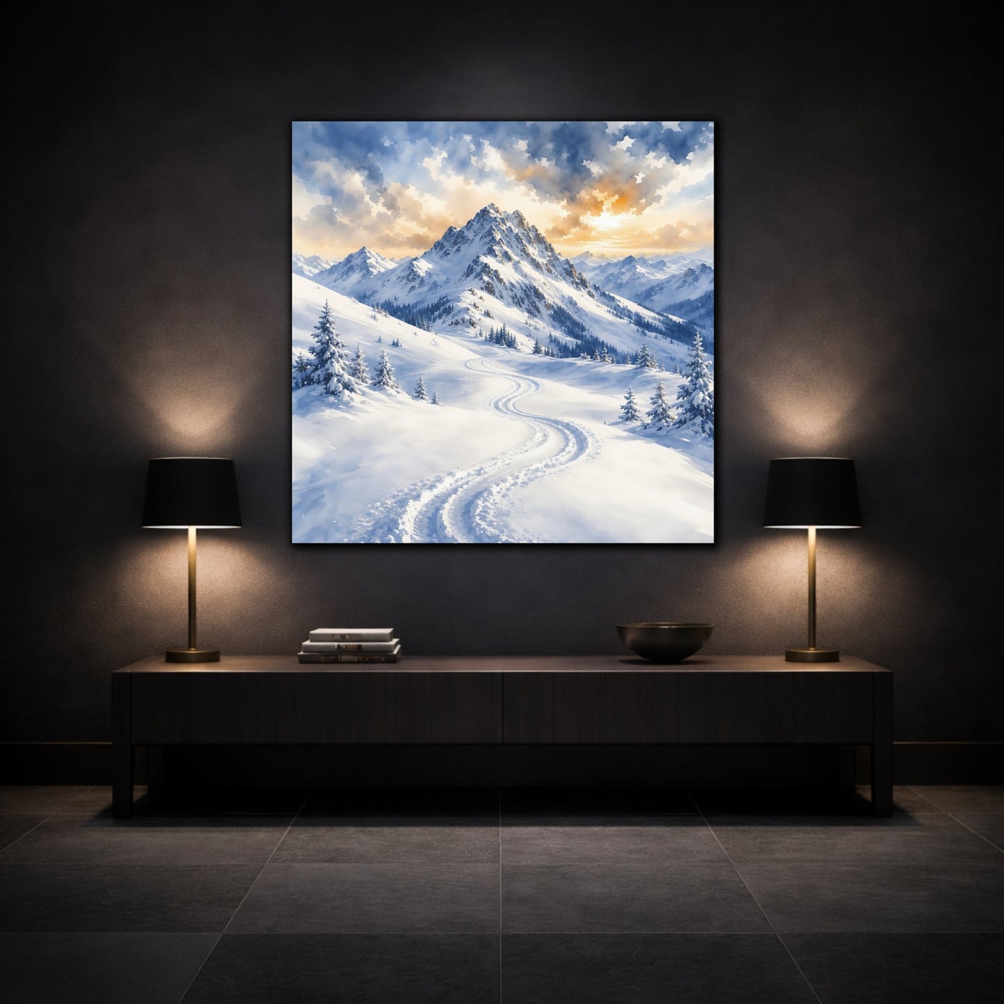 Mockup 3. Nature Snowy Mountains Snowy Mountain Landscape shown as stretched canvas wall art