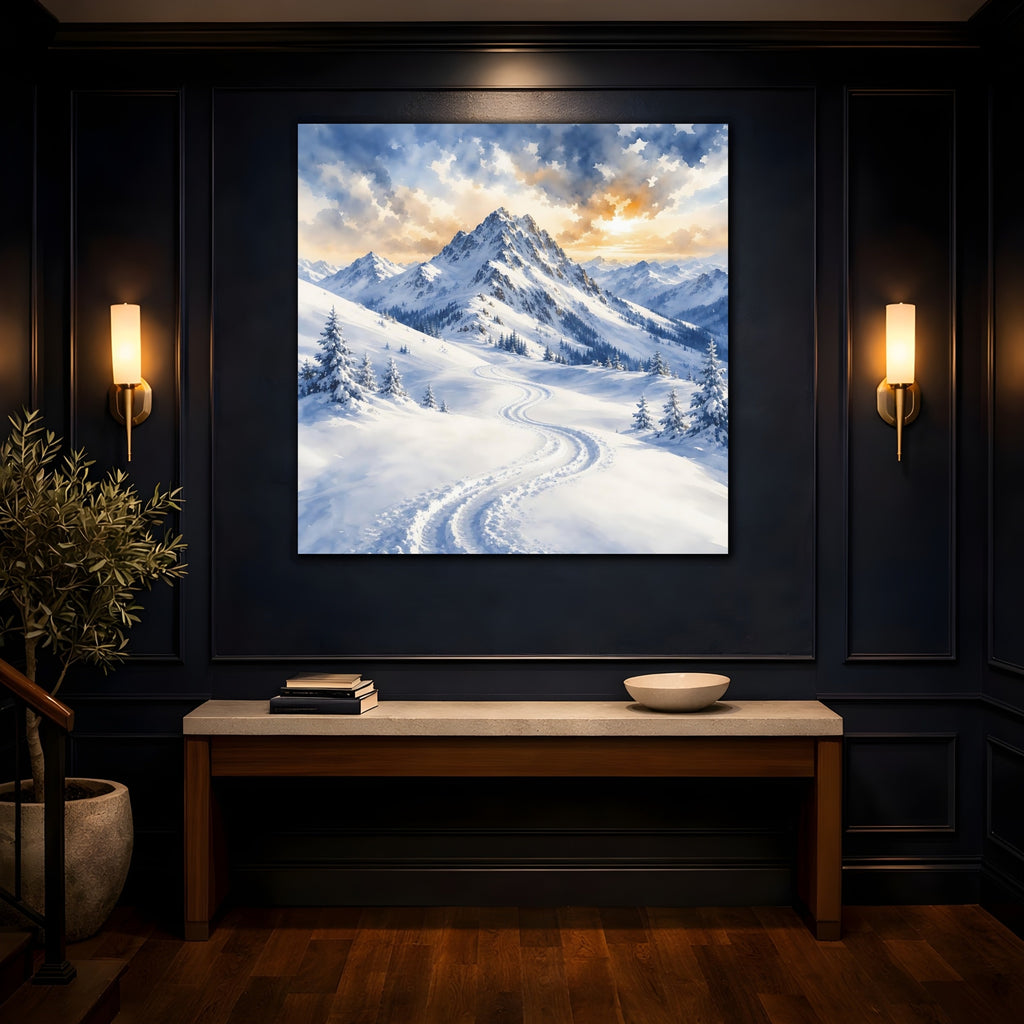 Mockup 4. Nature Snowy Mountains Snowy Mountain Landscape shown as stretched canvas wall art