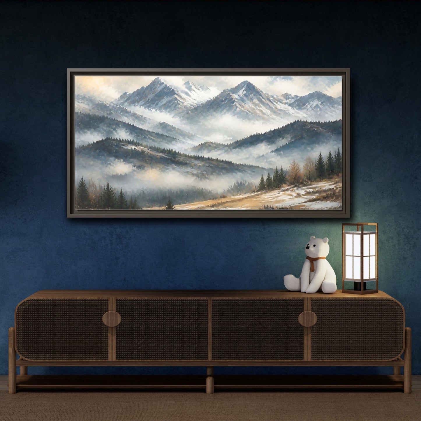Mockup 4. Nature Snowy Mountains Snowy Mountain Landscape shown as stretched canvas wall art