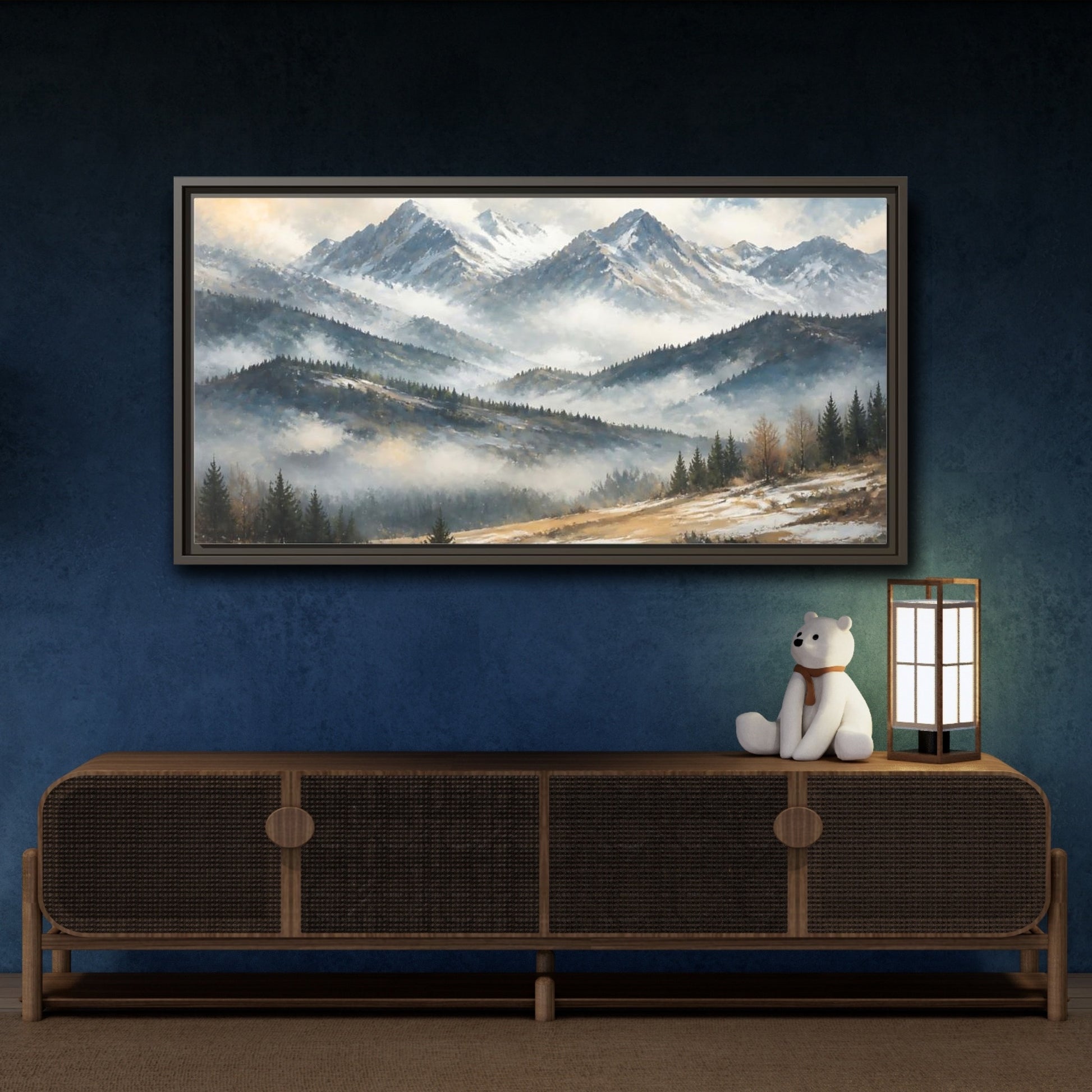 Mockup 4. Nature Snowy Mountains Snowy Mountain Landscape shown as stretched canvas wall art