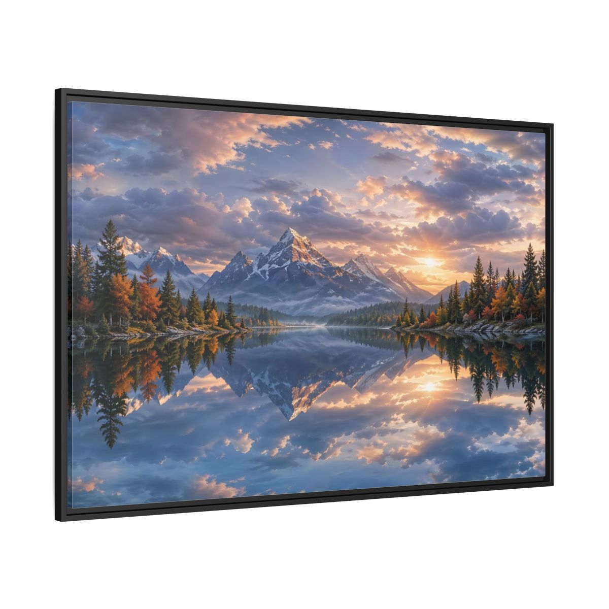 Side Mockup 12. Nature Snowy Mountains Sunset Mountain Lake shown as stretched canvas wall art