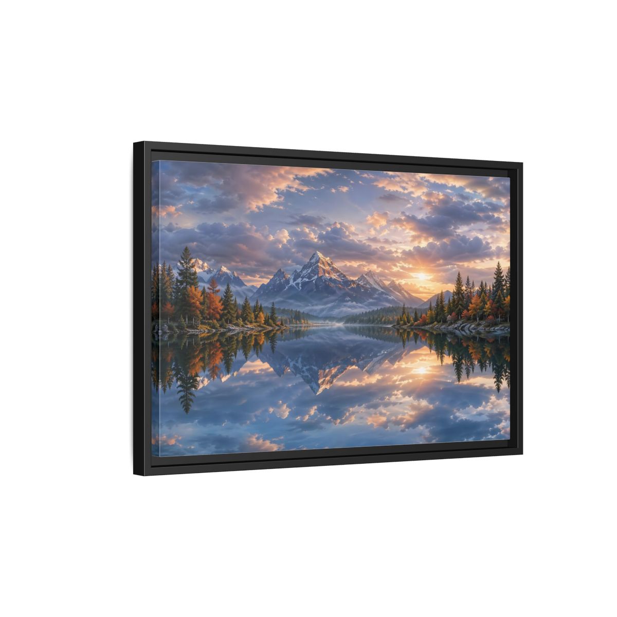Side Mockup 3. Nature Snowy Mountains Sunset Mountain Lake shown as stretched canvas wall art
