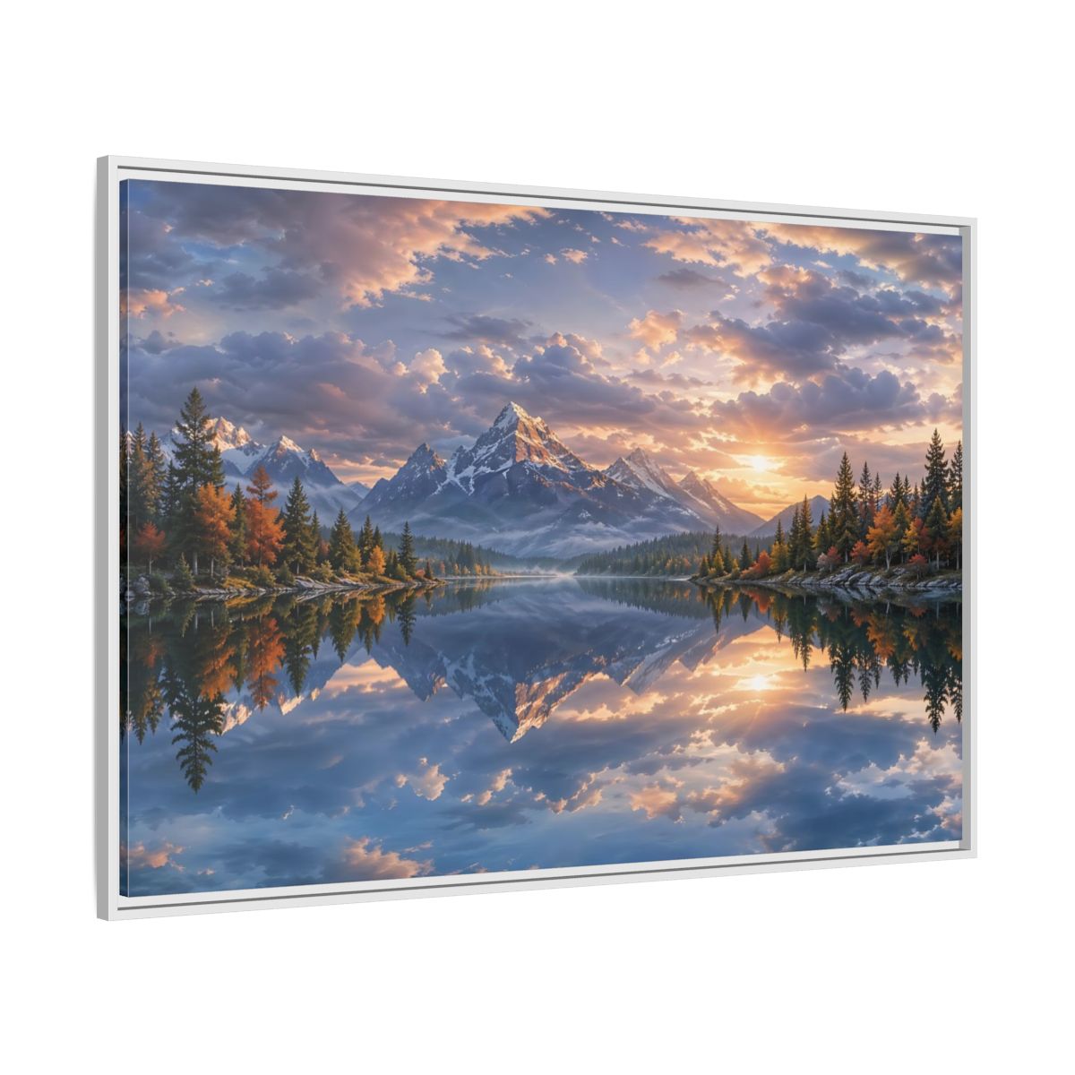 Side Mockup 7. Nature Snowy Mountains Sunset Mountain Lake shown as stretched canvas wall art