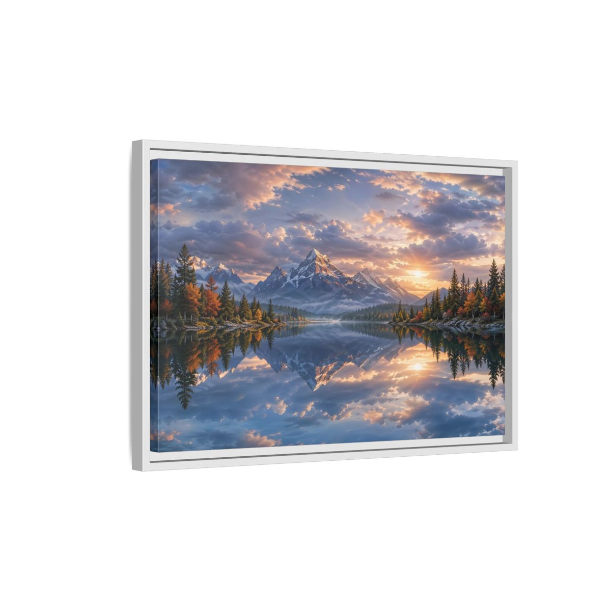 Side Mockup 1. Nature Snowy Mountains Sunset Mountain Lake shown as stretched canvas wall art
